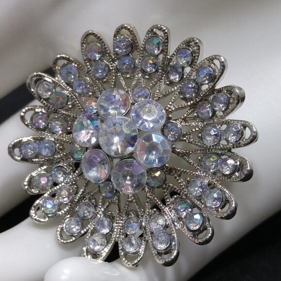 Rhinestone Flower Brooch, Aurora Borealis Clear Rhinestones, Silver Tone, 1 3/4" - Picture 4 of 7